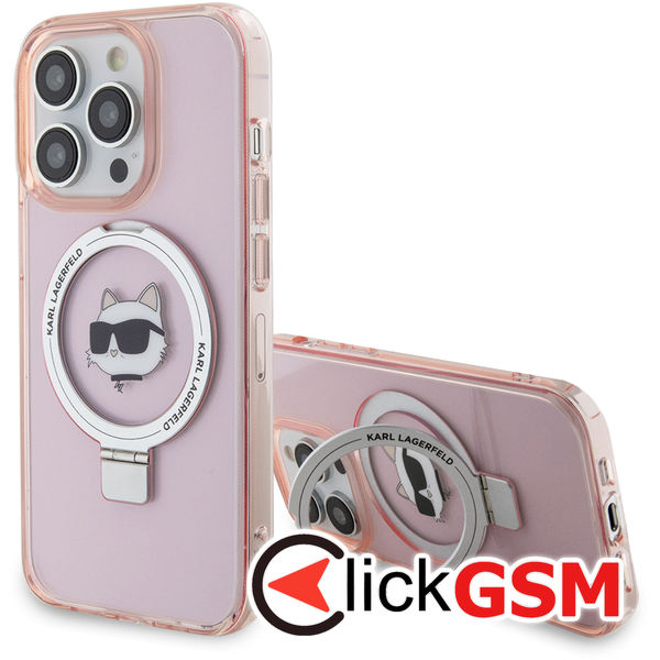 Karl Lagerfeld - Hardcase Ring Stand MagSafe (KLHMP15LHMRSCHP) - iPhone 15 Pro - Pink Choupette Head