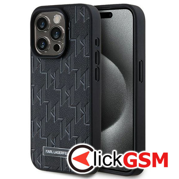 Karl Lagerfeld - Leather MagSafe (KLHMP15XPKHPORPK) - iPhone 15 Pro Max - Black Monogram Metal Logo