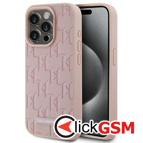 Karl Lagerfeld - Leather MagSafe (KLHMP15XPKHPORPP) - iPhone 15 Pro Max - Pink Monogram Metal Logo