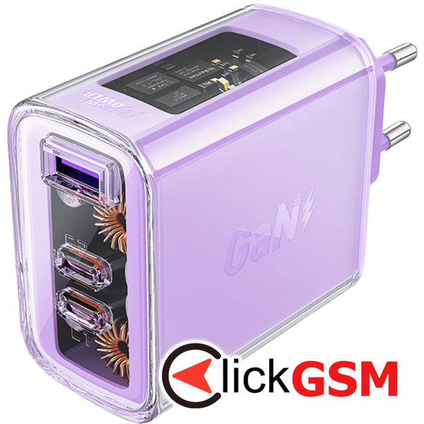 Acefast - Wall Charger Exploration Series (A45) - 2 x USB-C, USB, GaN, PD65W, Fast Charging - Purple