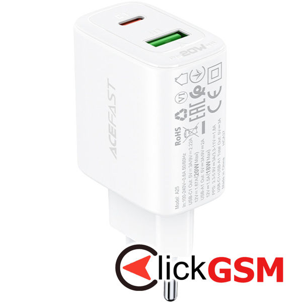 Acefast - Wall Charger (A25) - Type-C, USB, 20W, 3A, Power Delivery, Fast Charging  - White