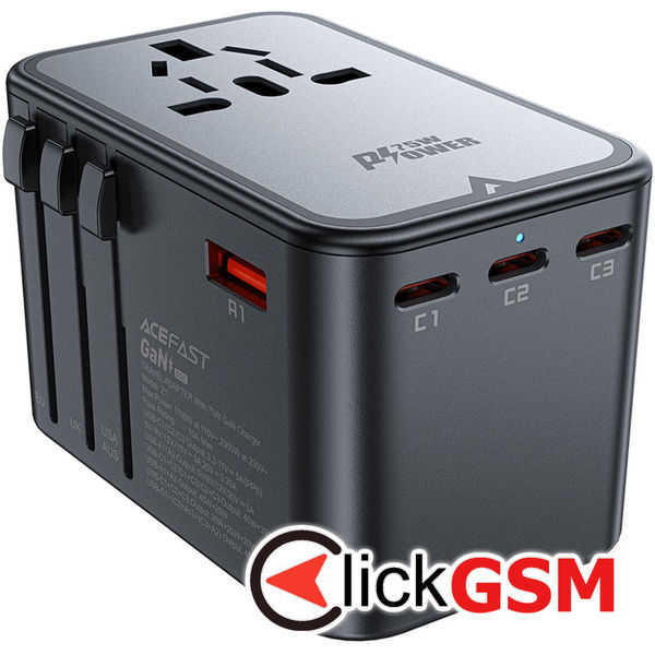 Acefast - Travel Adapter (Z1) - 3x Type-C, 2x USB, GaN, EU, UK, AUS, US, PD75W, Multifunctional Fast Charger - Black