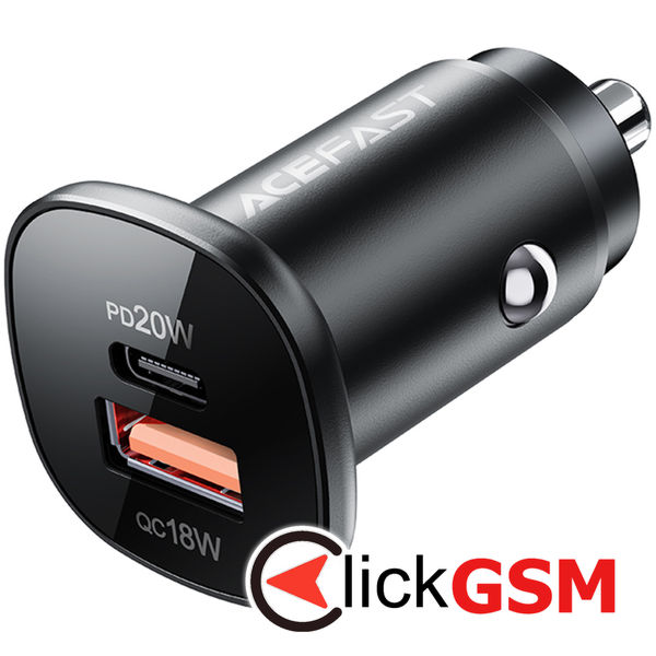 Acefast - Car Charger (B1) - Type-C, USB, Dual-Port, 38W, PD Fast Charging, with LED Light - Black