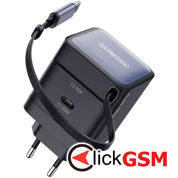 Duzzona - Wall Charger with Hidden Cable (T10) - 2x USB-C, GaN Fast Charging 65W - Black