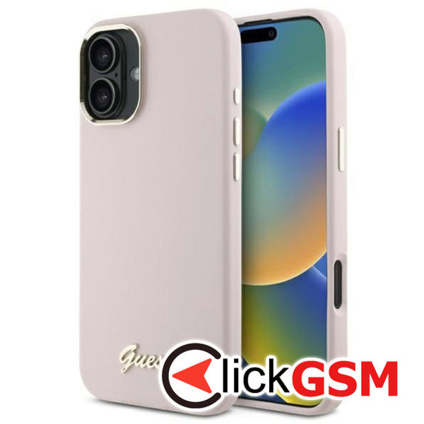 Guess - Silicone Script Metal Logo & Frame (GUHCP16SSMBSLP) - iPhone 16 - Pink