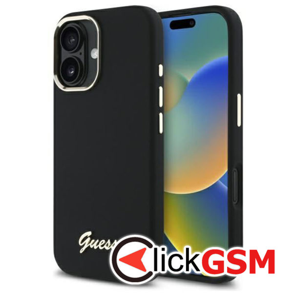 Guess - Silicone Script Metal Logo & Frame (GUHCP16MSMBSLK) - iPhone 16 Plus - Black