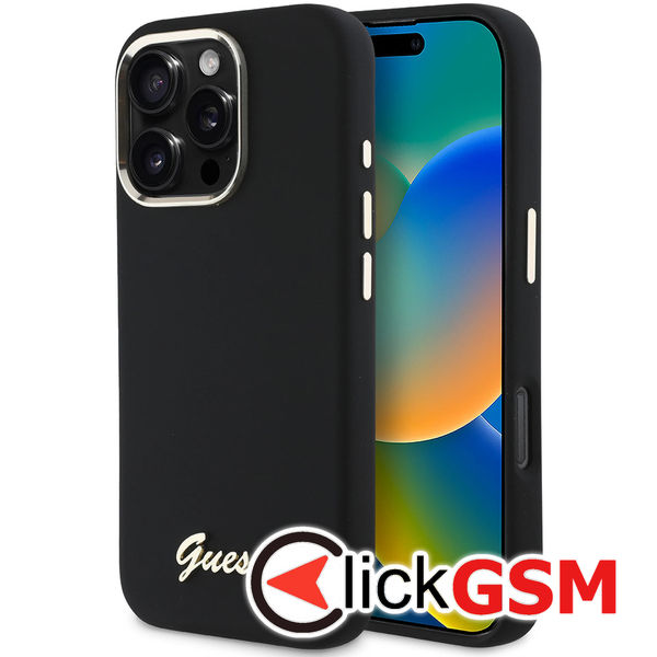 Guess - Silicone Script Metal Logo & Frame (GUHCP16LSMBSLK) - iPhone 16 Pro - Black