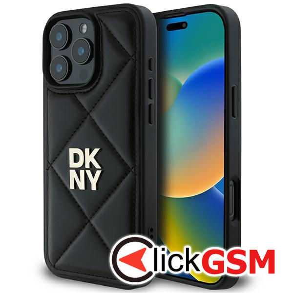 DKNY - Leather Quilted Stack Logo (DKHCP16LPQDSLK) - iPhone 16 Pro - Black