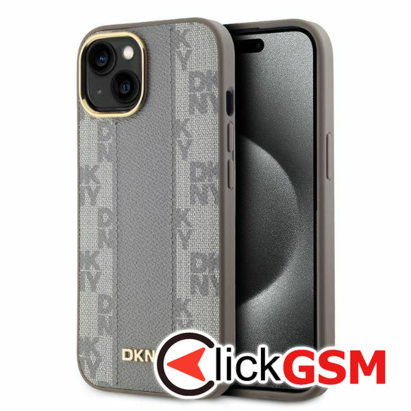 DKNY - Leather Checkered Mono Pattern MagSafe (DKHMP15SPCPVSLE) - iPhone 15 - Beige