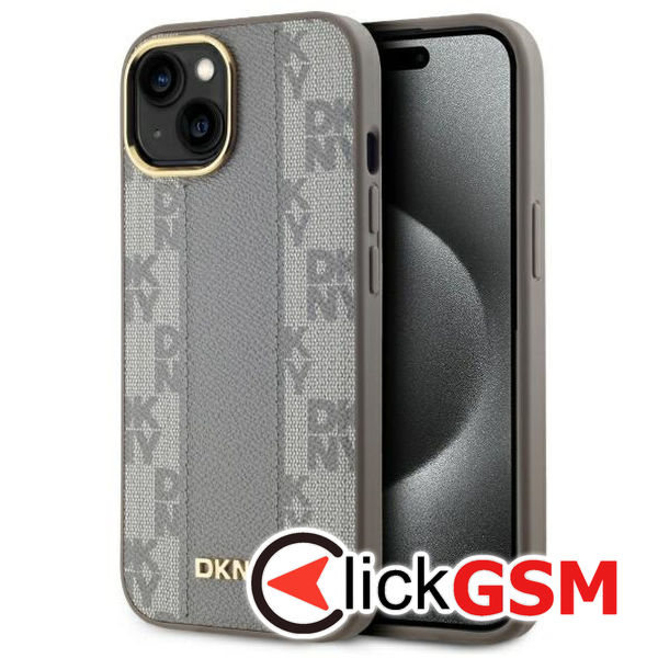 DKNY - Leather Checkered Mono Pattern MagSafe (DKHMP15MPCPVSLE) - iPhone 15 Plus - Beige