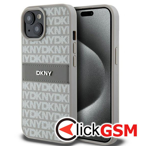 DKNY - Leather Mono Stripe & Metal Logo (DKHCP15MPRTHSLE) - iPhone 15 Plus - Beige