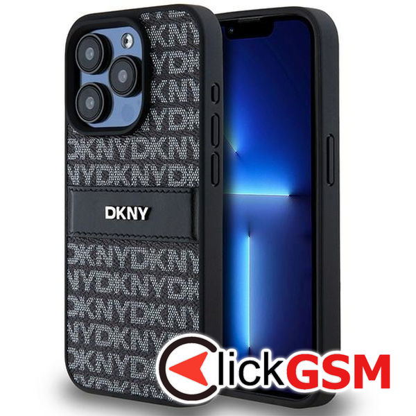 DKNY - Leather Mono Stripe & Metal Logo (DKHCP15XPRTHSLK) - iPhone 15 Pro Max - Black