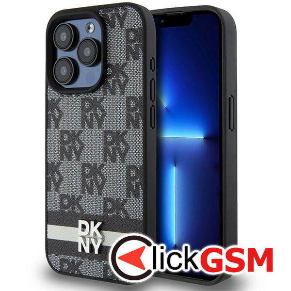 DKNY - Leather Checkered Mono Pattern & Printed Stripes (DKHCP15XPCPTSSK) - iPhone 15 Pro Max - Black