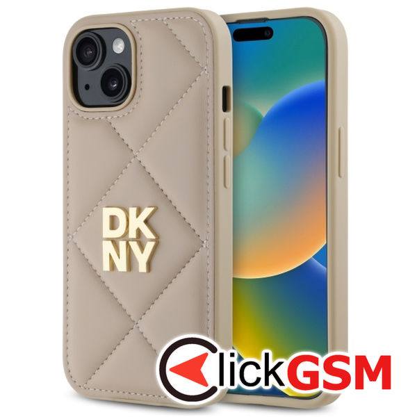 DKNY - Leather Quilted Stack Logo (DKHCP15SPQDSLE) - iPhone 15 - Beige