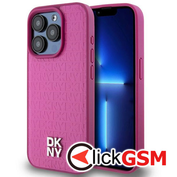 DKNY - Leather Monogram Pattern Metal Logo MagSafe (DKHMP15LPSHRPSP) - iPhone 15 Pro - Pink