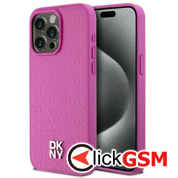 DKNY - Leather Monogram Pattern Metal Logo MagSafe (DKHMP15XPSHRPSP) - iPhone 15 Pro Max - Pink