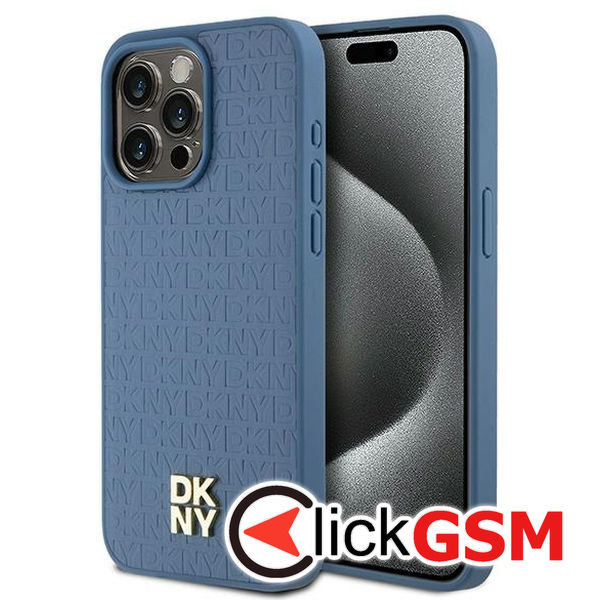 DKNY - Leather Monogram Pattern Metal Logo MagSafe (DKHMP15XPSHRPSB) - iPhone 15 Pro Max - Blue