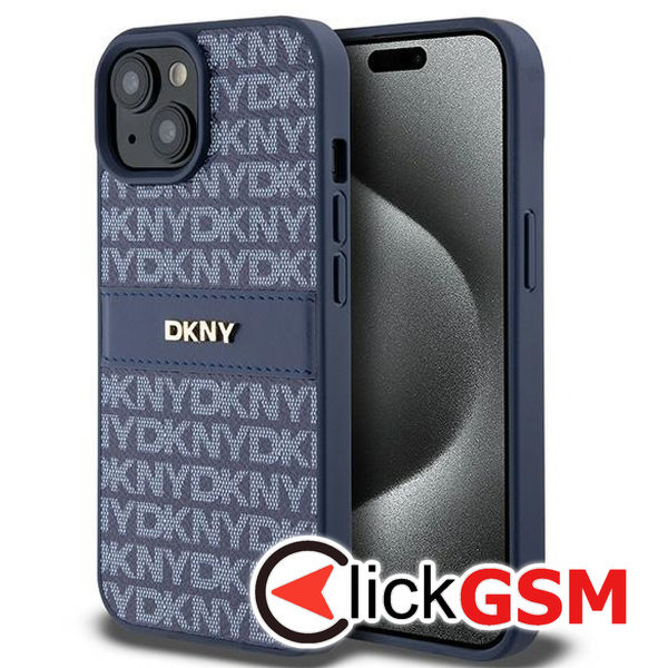 DKNY - Leather Mono Stripe & Metal Logo (DKHCP15SPRTHSLB) - iPhone 15 - Blue