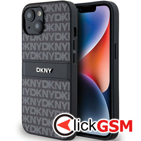 DKNY - Leather Mono Stripe & Metal Logo (DKHCP14SPRTHSLK) - iPhone 15 - Black