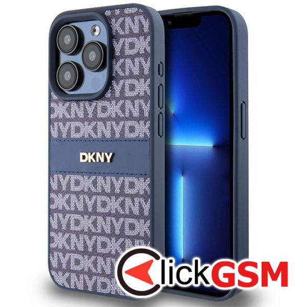 DKNY - Leather Mono Stripe & Metal Logo (DKHCP15LPRTHSLB) - iPhone 15 Pro - Blue