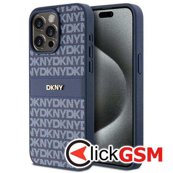 DKNY - Leather Mono Stripe & Metal Logo (DKHCP15XPRTHSLB) - iPhone 15 Pro Max - Blue