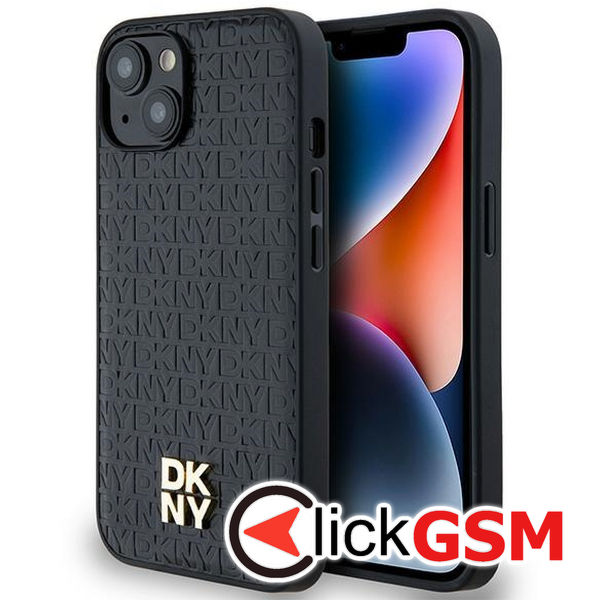 DKNY - Leather Monogram Pattern Metal Logo MagSafe (DKHMP14SPSHRPSK) - iPhone 15 - Black