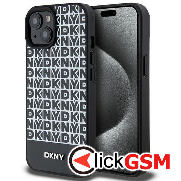 DKNY - Leather Printed Pattern Metal Logo MagSafe (DKHMP15SPSOSPK) - iPhone 15 - Black