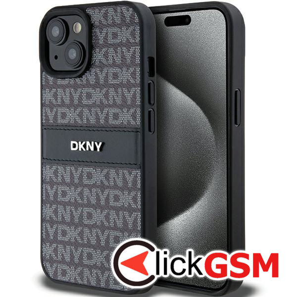 DKNY - Leather Mono Stripe & Metal Logo (DKHCP15MPRTHSLK) - iPhone 15 Plus - Black