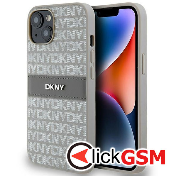 DKNY - Leather Mono Stripe & Metal Logo (DKHCP14SPRTHSLE) - iPhone 15 - Beige