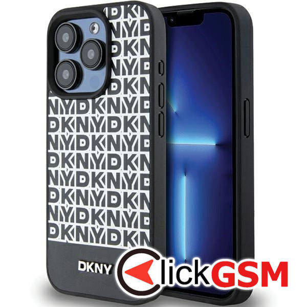 DKNY - Leather Printed Pattern Metal Logo MagSafe (DKHMP15XPSOSPK) - iPhone 15 Pro Max - Black