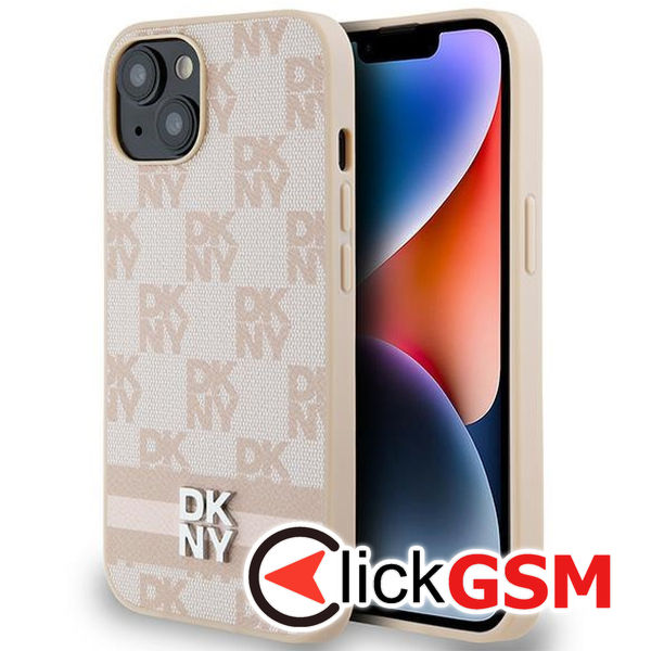 DKNY - Leather Checkered Mono Pattern & Printed Stripes (DKHCP15MPCPTSSP) - iPhone 15 Plus - Pink