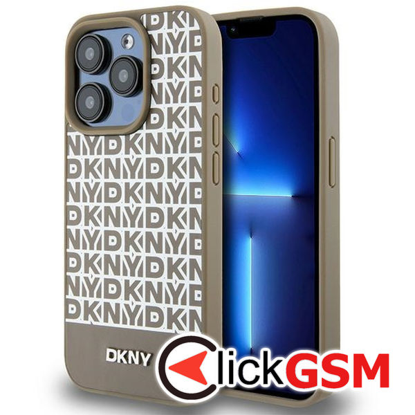 DKNY - Leather Printed Pattern Metal Logo MagSafe (DKHMP15XPSOSPW) - iPhone 15 Pro Max - Brown