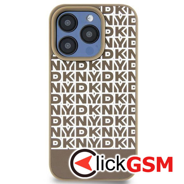 DKNY - Leather Printed Pattern Metal Logo MagSafe (DKHMP15SPSOSPW) - iPhone 15 - Brown