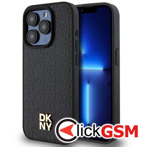 DKNY - Leather Pattern Monogram Metal Logo MagSafe (DKHMP15LPSHRPSK) - iPhone 15 Pro - Black