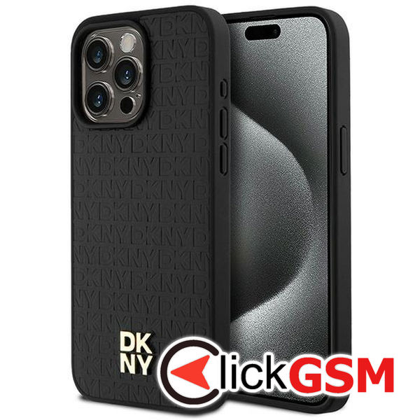 DKNY - Leather Monogram Pattern Metal Logo MagSafe (DKHMP15XPSHRPSK) - iPhone 15 Pro Max - Black