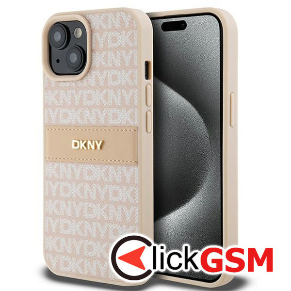 DKNY - Leather Mono Stripe & Metal Logo (DKHCP15SPRTHSLP) - iPhone 15 - Pink