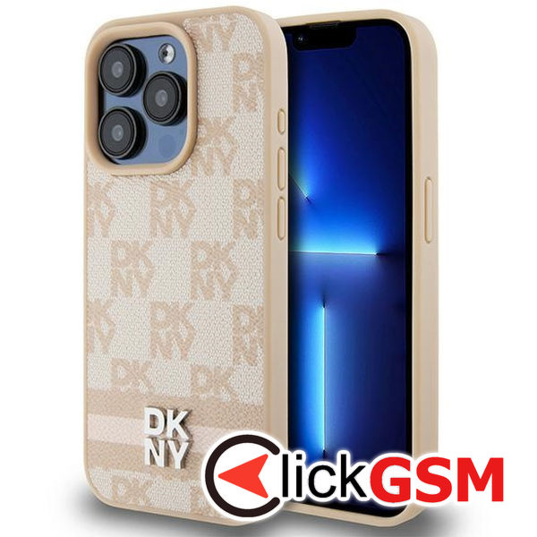 DKNY - Leather Checkered Mono Pattern & Printed Stripes (DKHCP15LPCPTSSP) - iPhone 15 Pro - Pink