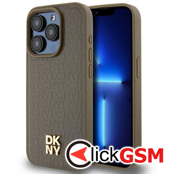 DKNY - Leather Monogram Pattern Metal Logo MagSafe (DKHMP15LPSHRPSW) - iPhone 15 Pro - Brown
