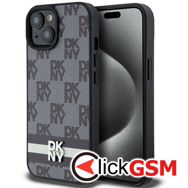 DKNY - Leather Checkered Mono Pattern & Printed Stripes (DKHCP15SPCPTSSK) - iPhone 15 - Black