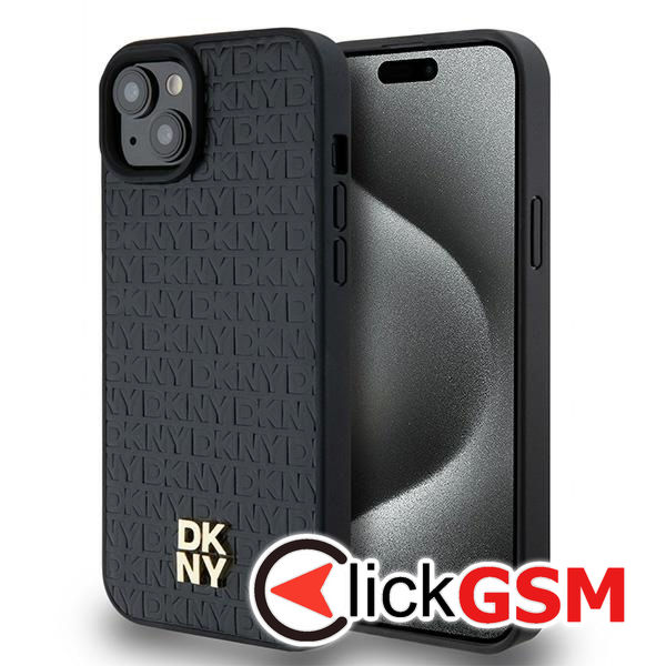 DKNY - Leather Monogram Pattern Metal Logo MagSafe (DKHMP15MPSHRPSK) - iPhone 15 Plus - Black