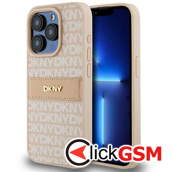 DKNY - Leather Mono Stripe & Metal Logo (DKHCP15LPRTHSLP) - iPhone 15 Pro - Pink