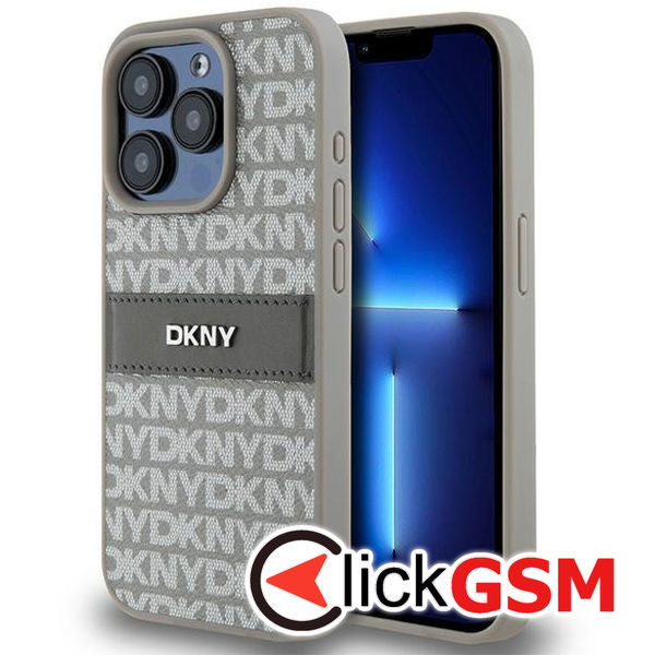 DKNY - Leather Mono Stripe & Metal Logo (DKHCP15LPRTHSLE) - iPhone 15 Pro - Beige