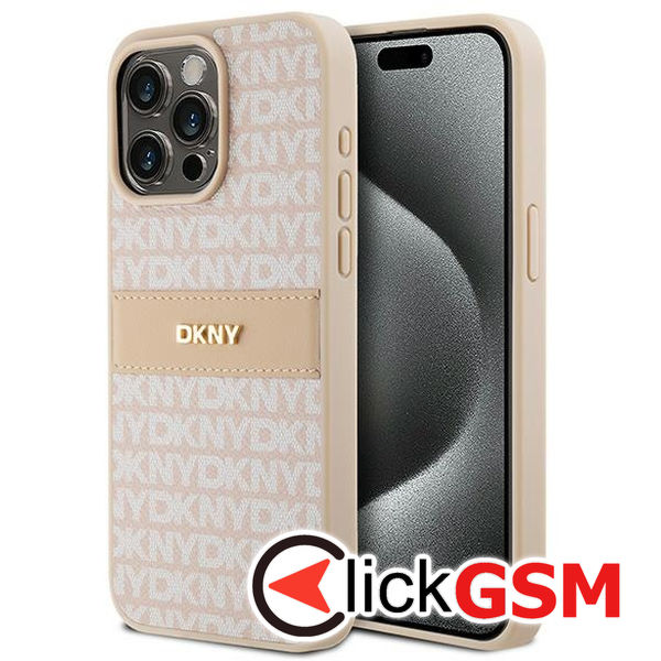 DKNY - Leather Mono Stripe & Metal Logo (DKHCP15XPRTHSLP) - iPhone 15 Pro Max - Pink