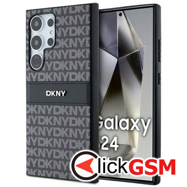DKNY - Leather Mono Stripe & Metal Logo (DKHCS24LPRTHSLK) - Samsung Galaxy S24 Ultra - Black