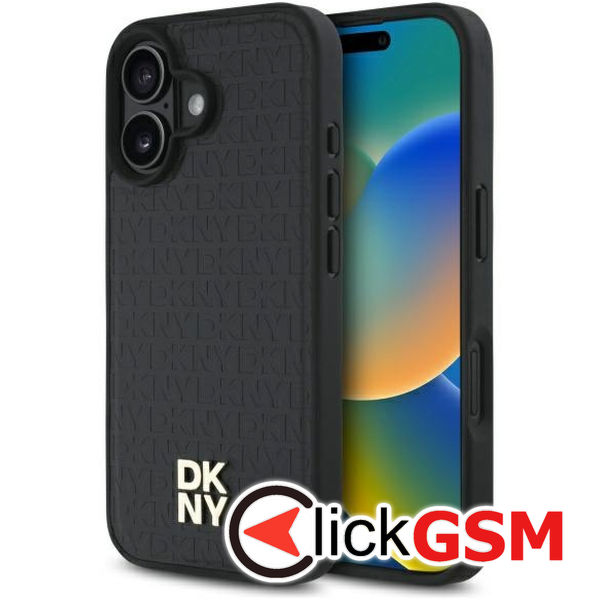 DKNY - Leather Hardcase Repeat Pattern Stack Logo MagSafe (DKHMP16SPSHRPSK) - iPhone 16 - Black