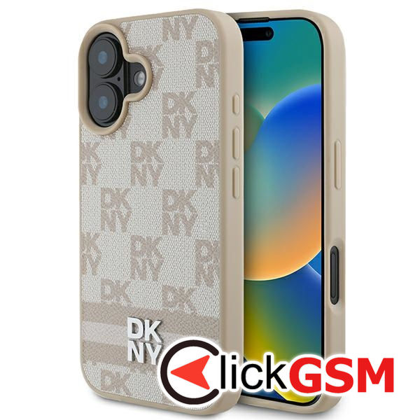 DKNY - Leather Hardcase Checkered Pattern & Printed Stripes (DKHCP16SPCPTSSP) - iPhone 16 - Pink