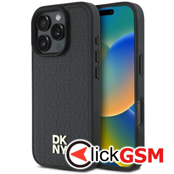 DKNY - Leather Hardcase Repeat Pattern Stack Logo MagSafe (DKHMP16LPSHRPSK) - iPhone 16 Pro - Black