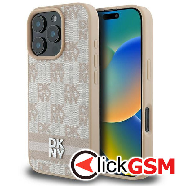 DKNY - Leather Hardcase Checkered Pattern & Printed Stripes (DKHCP16LPCPTSSP) - iPhone 16 Pro - Pink