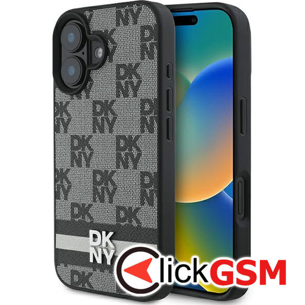 DKNY - Leather Hardcase Checkered Pattern & Printed Stripes (DKHCP16SPCPTSSK) - iPhone 16 - Black