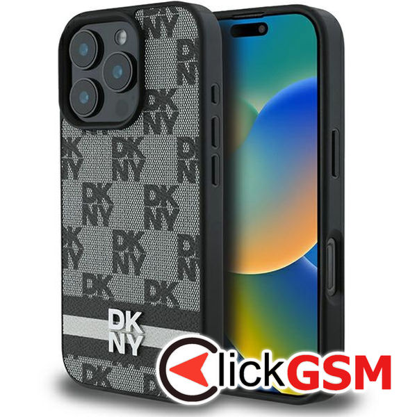 DKNY - Leather Hardcase Checkered Pattern & Printed Stripes (DKHCP16LPCPTSSK) - iPhone 16 Pro - Black